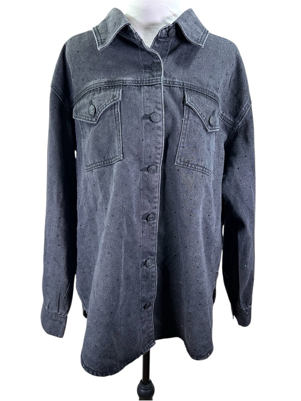 Maurices Black Sparkle Denim Shacket Plus 1 Rhinestone Bling Western Cowgirl